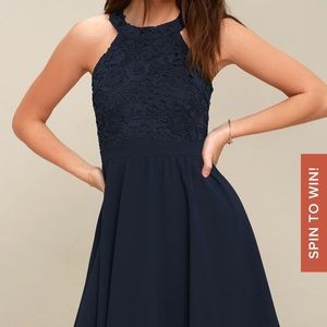 Lulus Lovers game navy blue lace skater dress